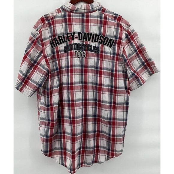 Harley-Davidson Men's Short Sleeves Shirt Button Up Red Plaid SZ L HD Patches - Picture 2 of 7